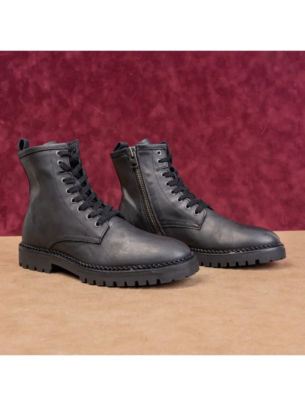 AllSaints Unisex Whitmore Black Leather Zip Lace-up Combat Boots M7.5 W9 EUR40